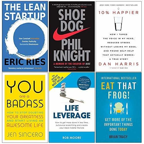 Lean Startup, Shoe Dog, 10% Happier, You Are a Badass, Life Leverage, Eat That Frog 6 Books Collection Set book cover