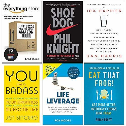 The Everything Store, Shoe Dog, 10% Happier, You Are a Badass, Life Leverage, Eat That Frog 6 Books Collection Set