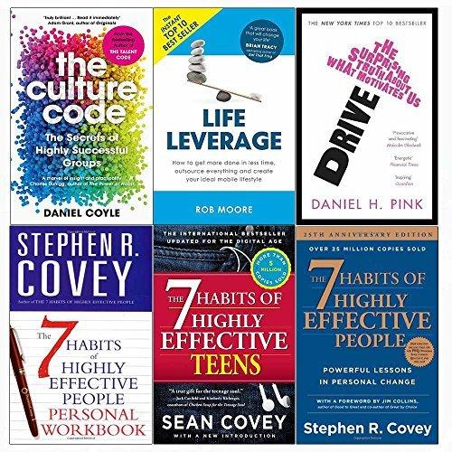 Culture code, drive, life leverage, 7 habits of highly effective people and teens and personal workbook 6 books collection set book cover